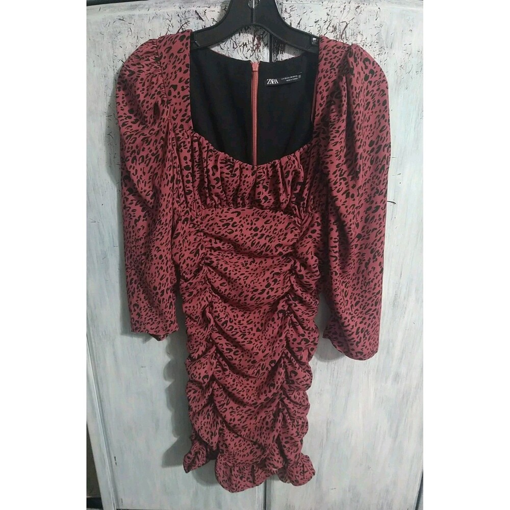 Zara Leopard Print Ruffled Ruched Dress Xs Pink & Black Y2K Feminine